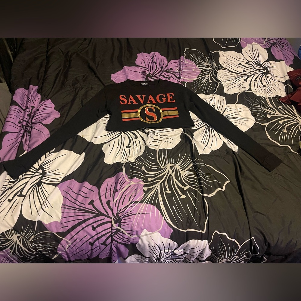 Savage Graphic Black/Red/Gold Long Sleeve Crop Top, Small